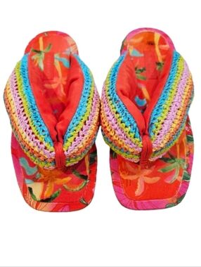 Farm Rio Toucans Puffy Crochet Flip Flop Sandals Multicolor Tropical Size US 9